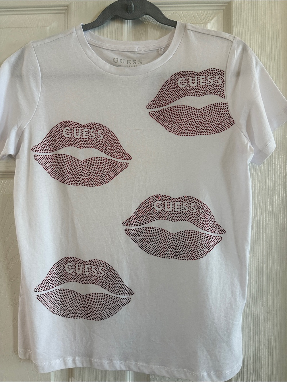 Guess White Tee with Red Rhinestone Lip Prints